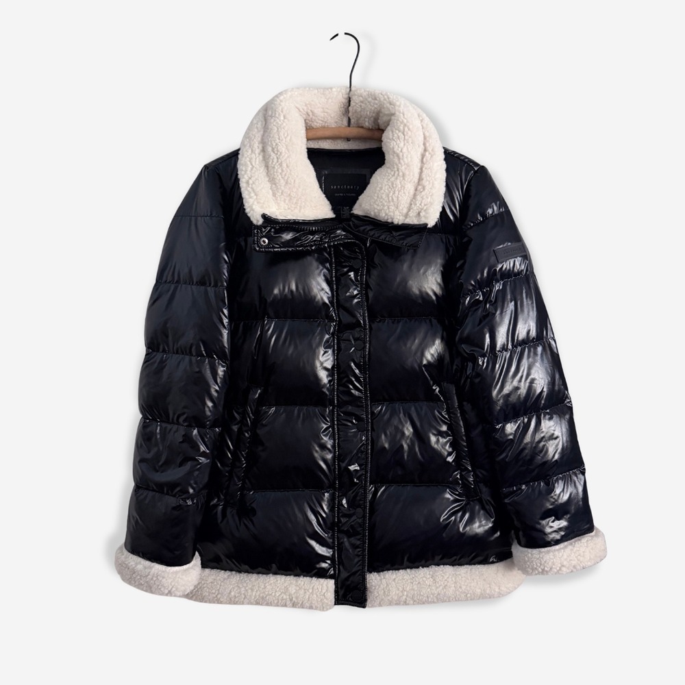 NWOT Sanctuary Down Puffer Sherpa Trim High Shine Black S Cybercore Streetwear